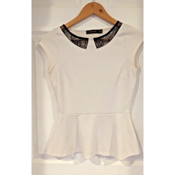 The Limited Ivory Peplum Top With Black Lace Collar‎ SZ XS Office librarian Twee - Picture 1 of 4